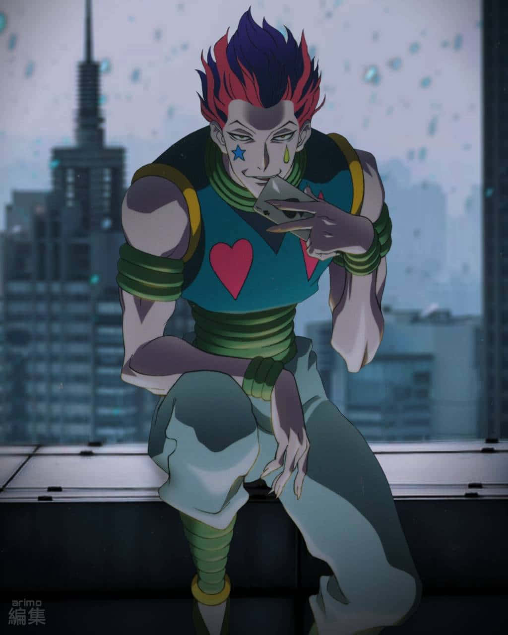 A Character In An Anime Sitting On A Ledge Background