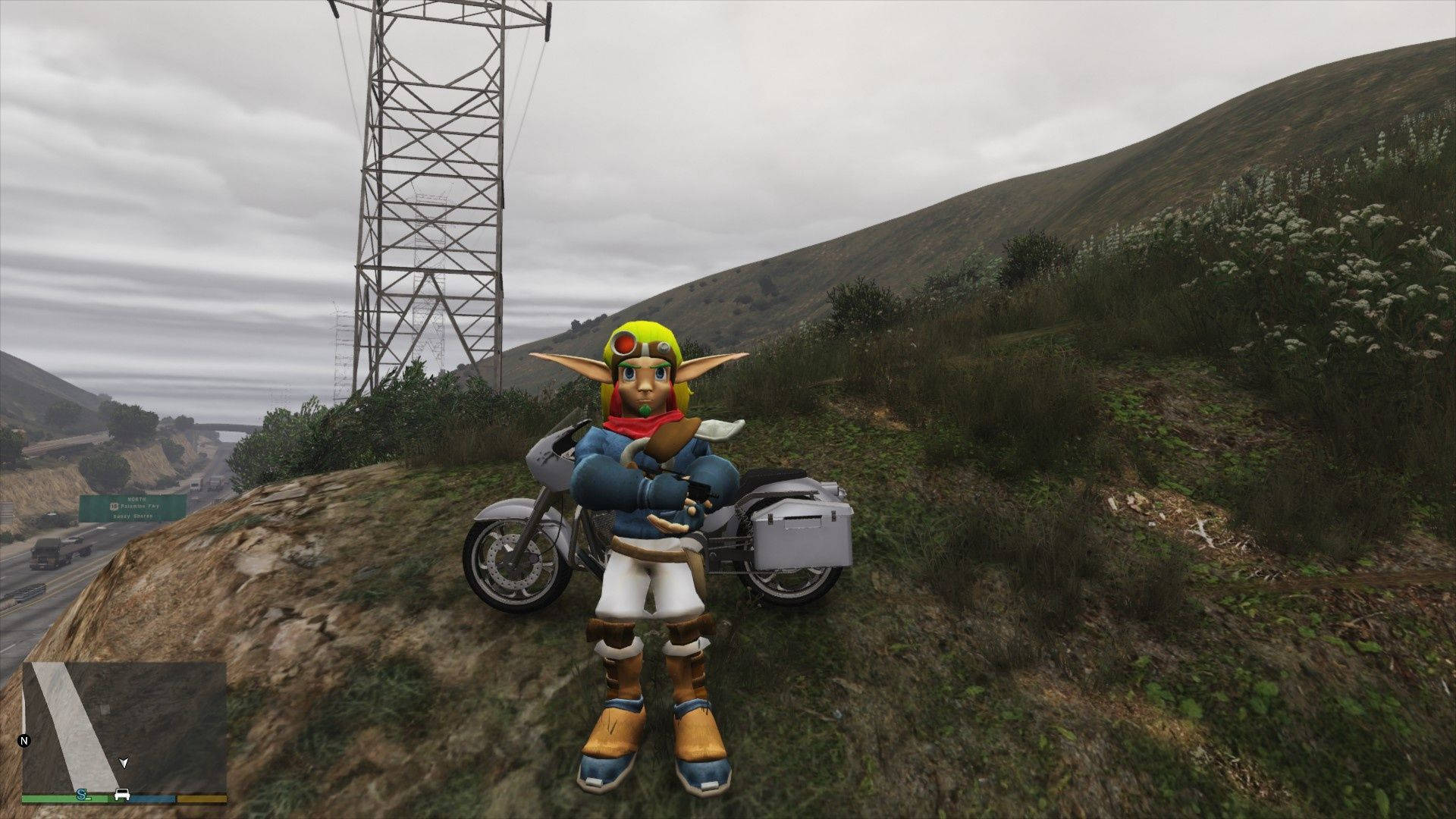 A Character Is Standing On A Hill Next To A Motorcycle Background