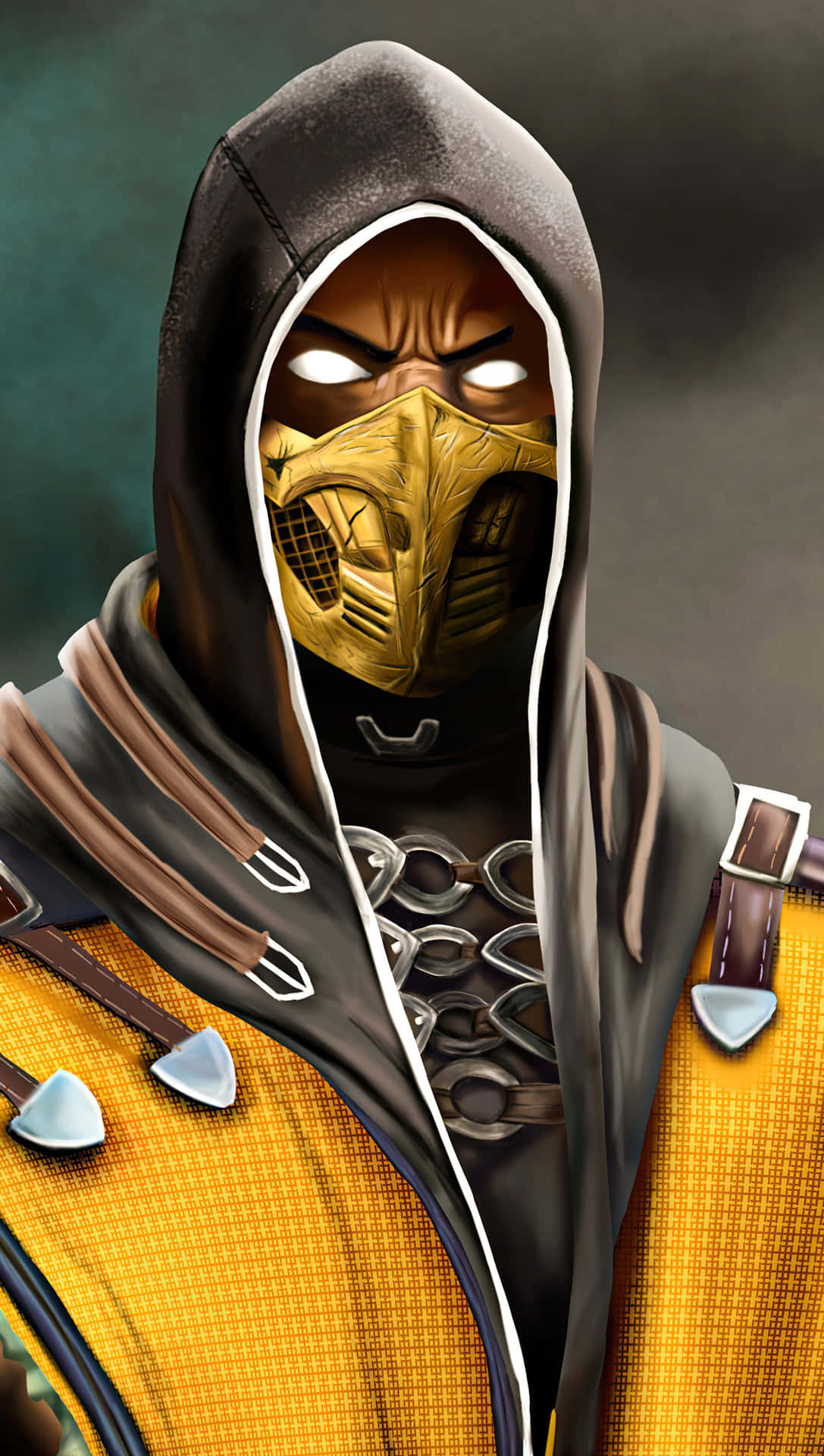 A Character Wearing A Yellow Mask And Yellow Hood Background