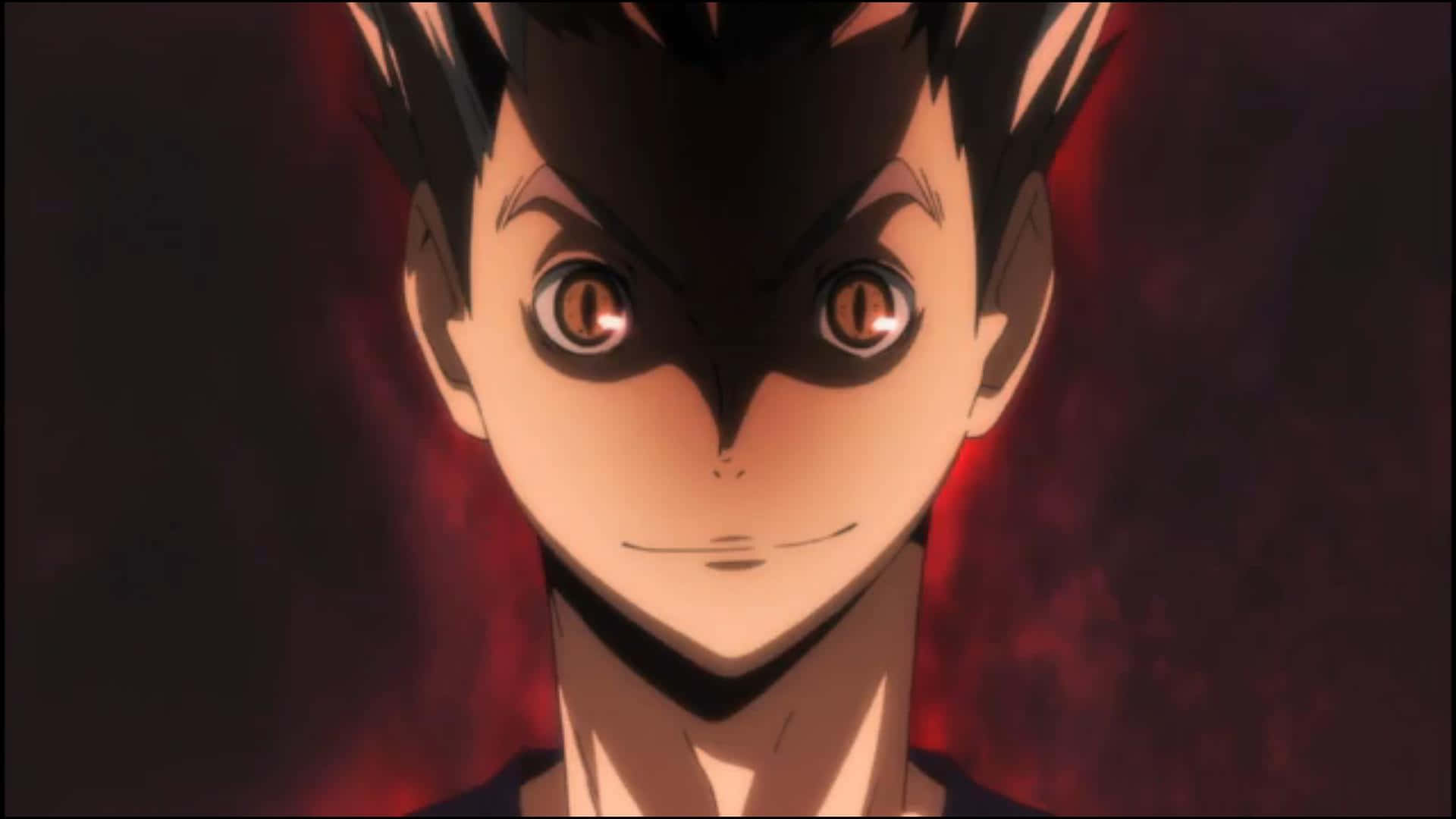 A Character With A Black Background And Red Eyes Background