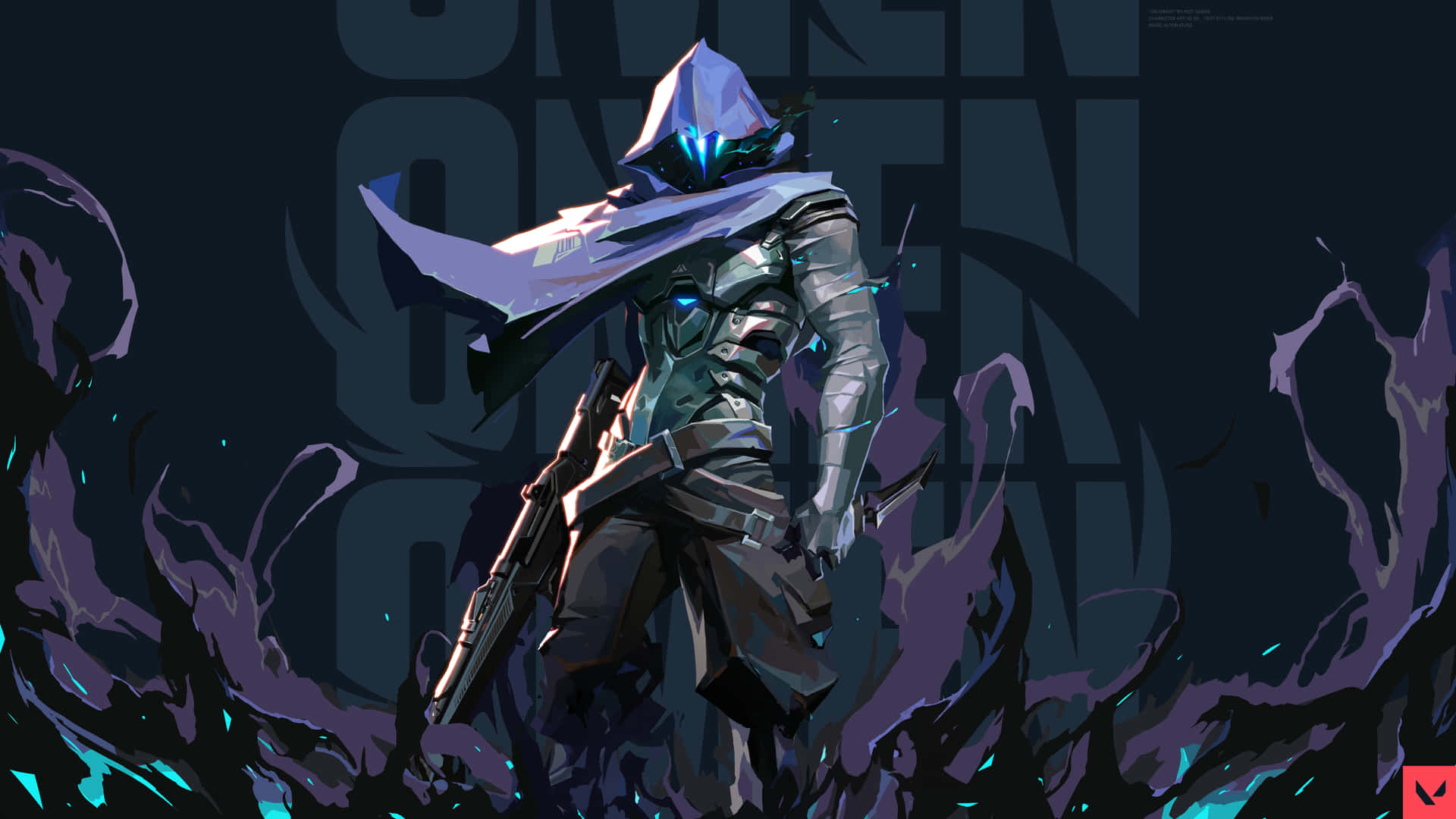 A Character With A Hood And A Sword In Front Of A Dark Background Background