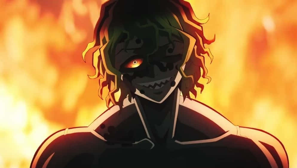 A Character With A Red Face And Green Eyes Background