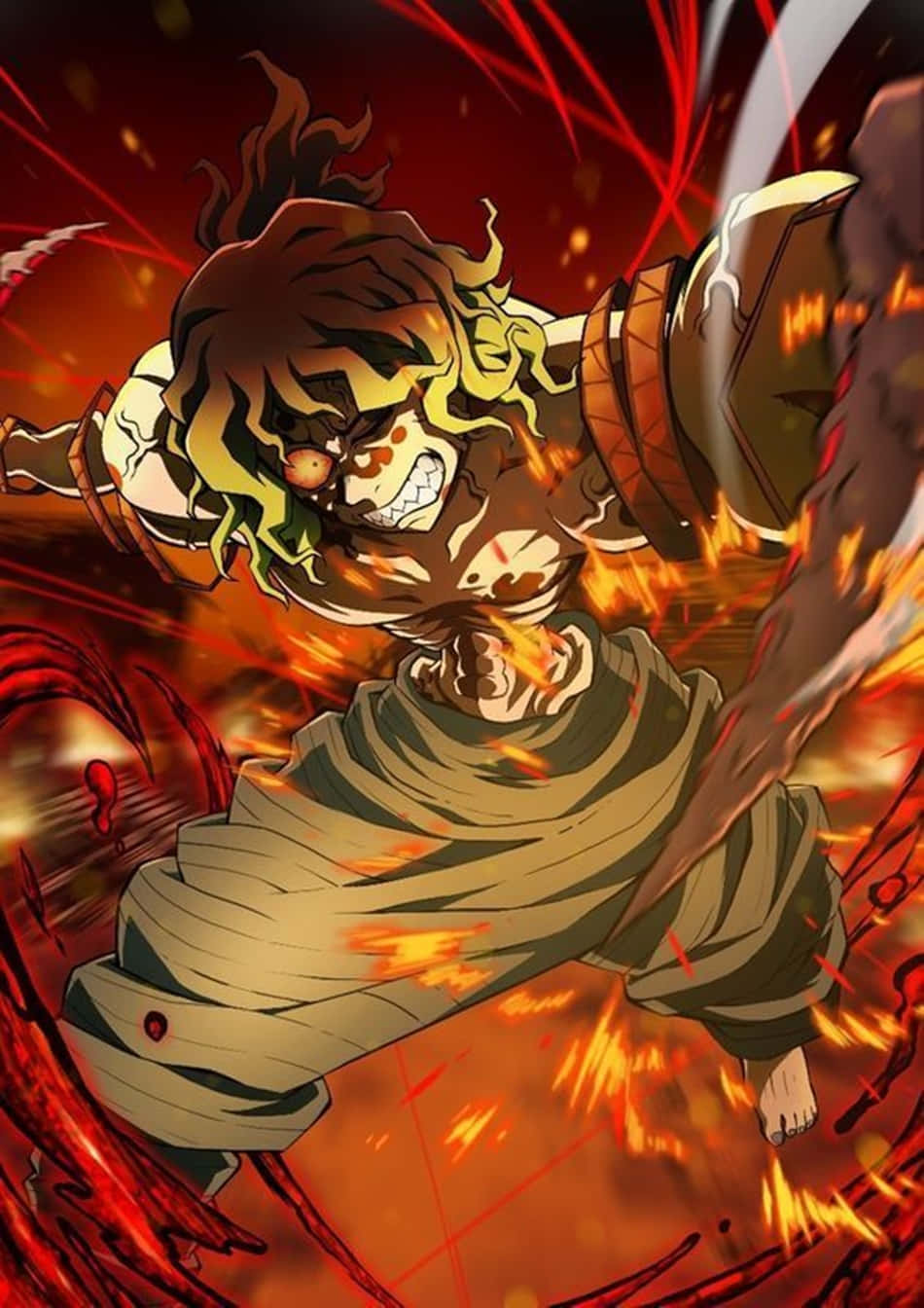 A Character With A Sword And A Flame Background