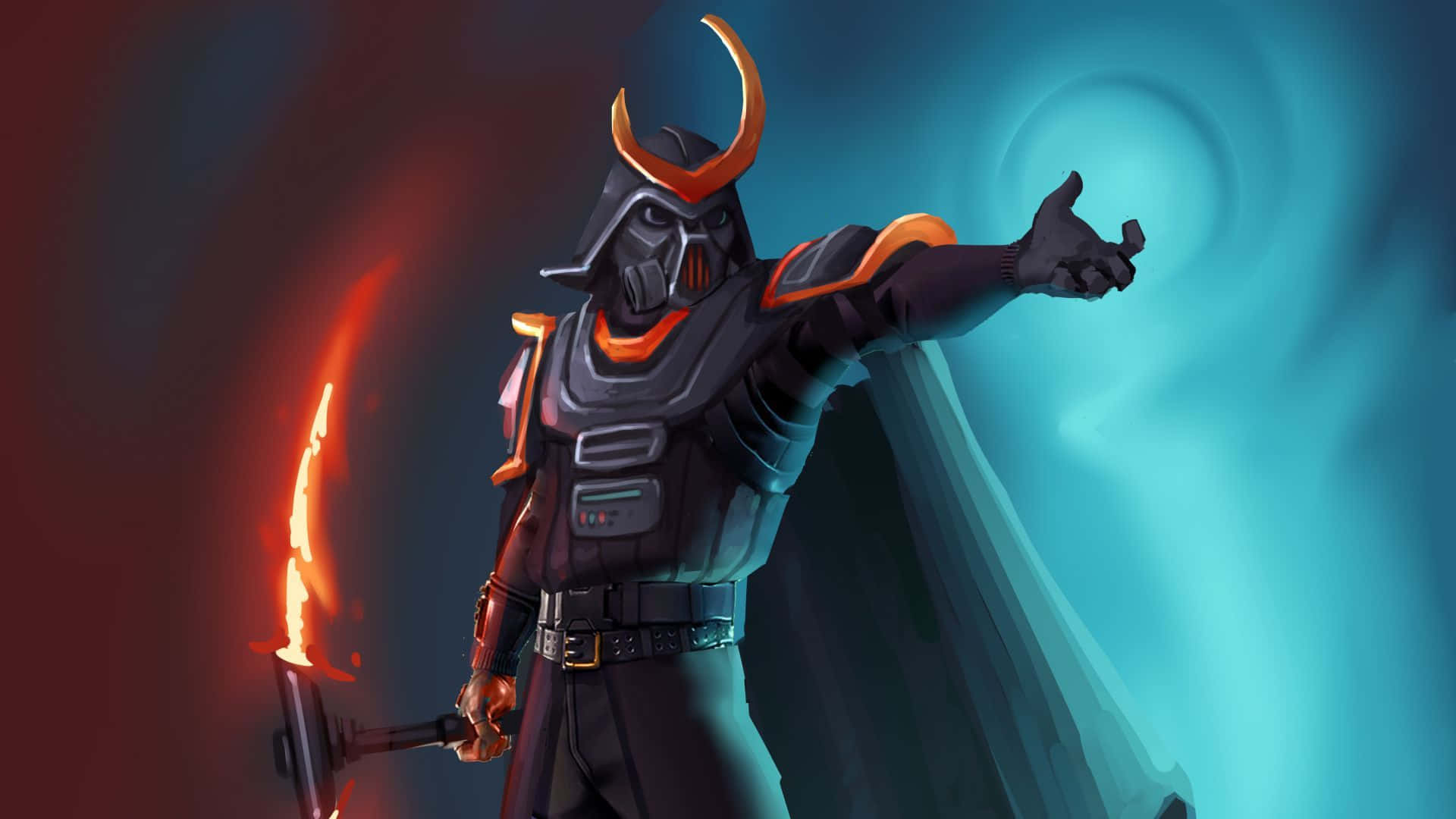 A Character With A Sword And A Horn Background