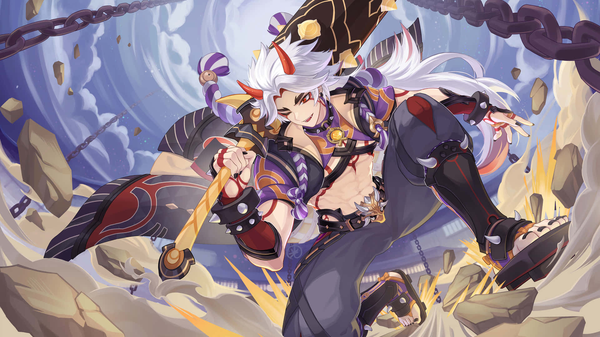 A Character With A Sword And Armor In The Background Background