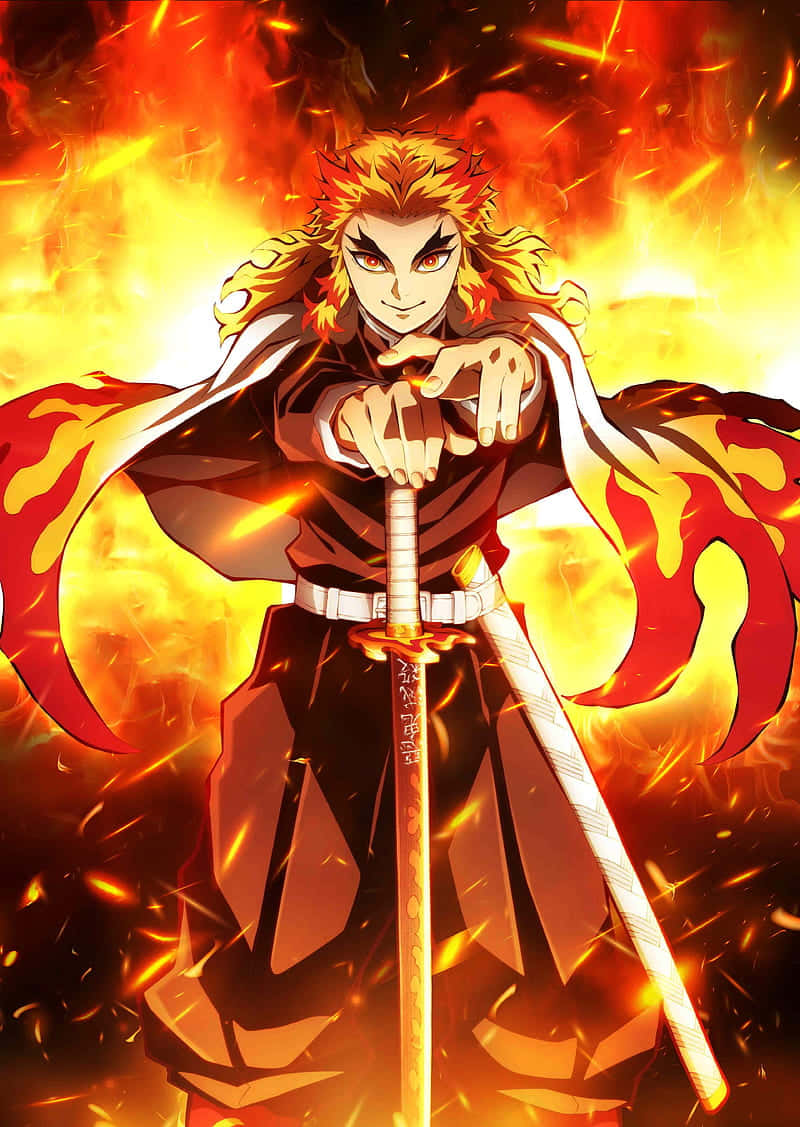 A Character With A Sword And Flames Background