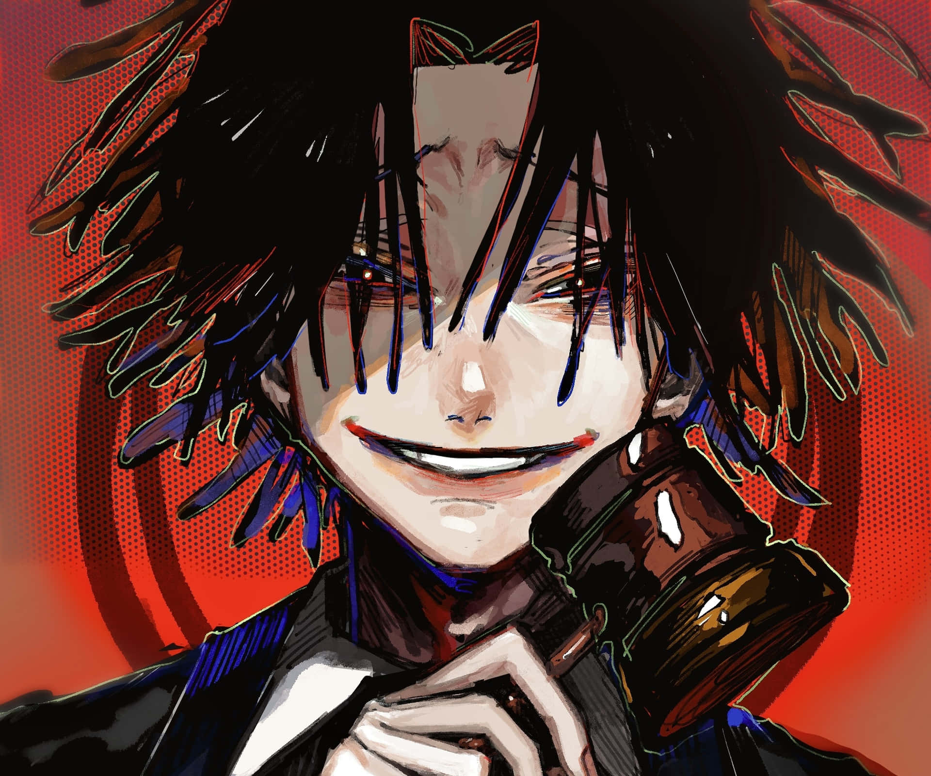 A Character With Black Hair And A Red Background Background