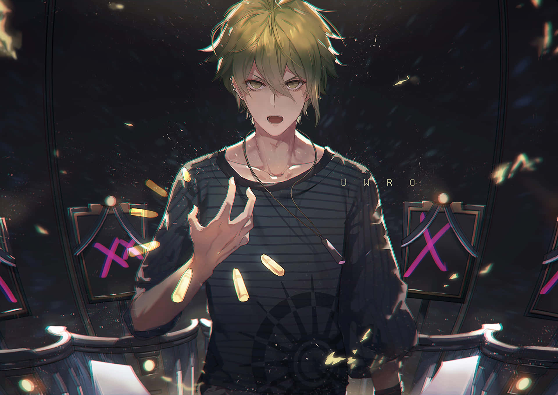 A Character With Blonde Hair Standing In Front Of A Dark Background