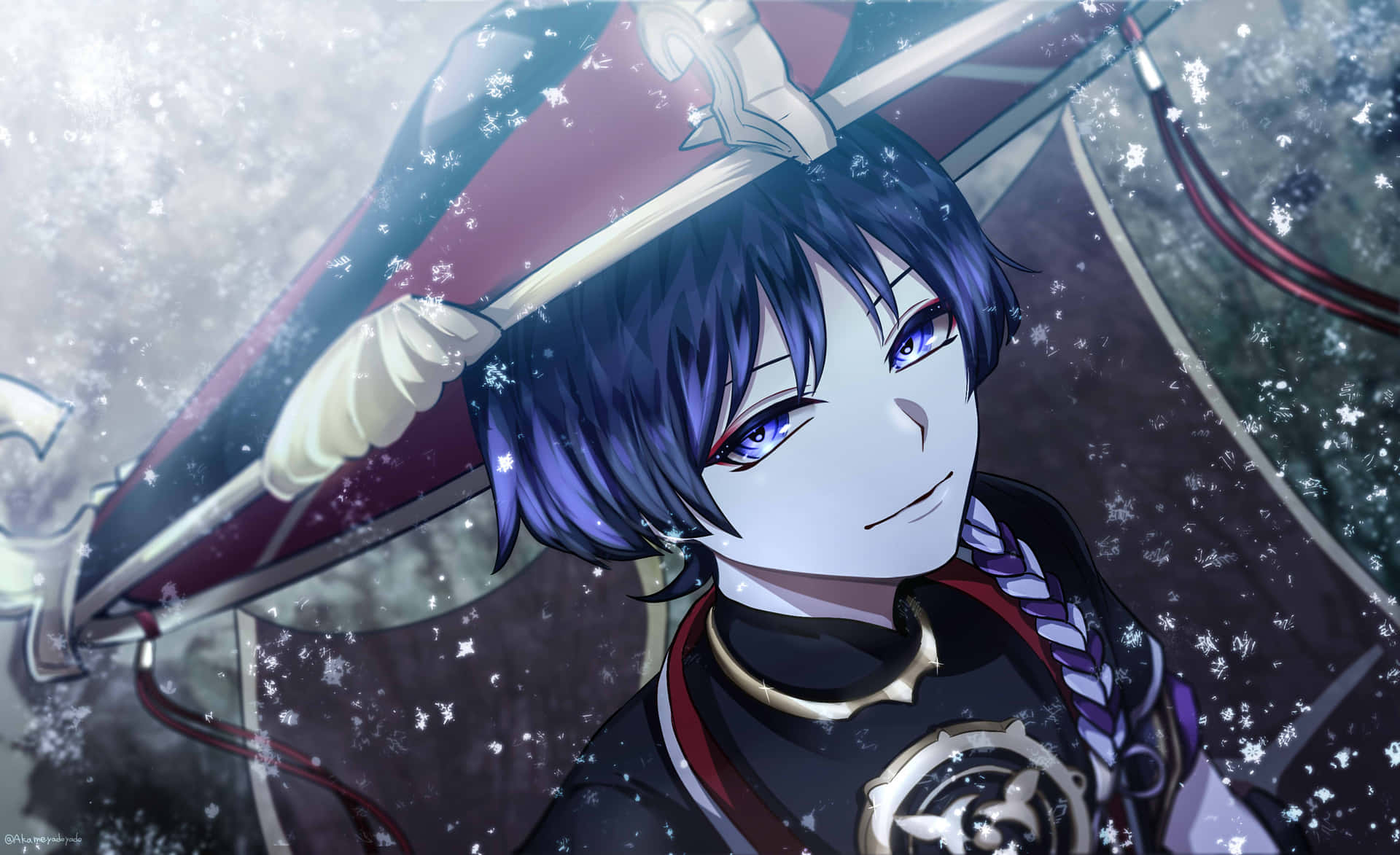 A Character With Blue Hair And A Hat Background