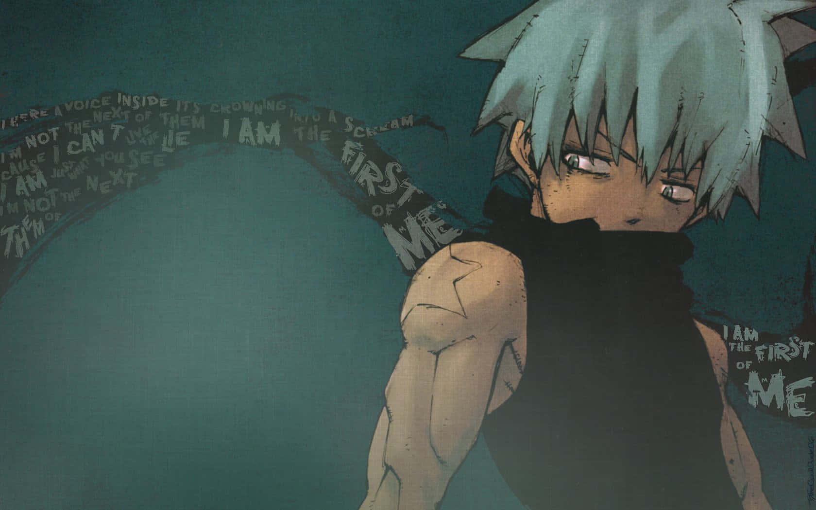 A Character With Blue Hair And A Sword Background