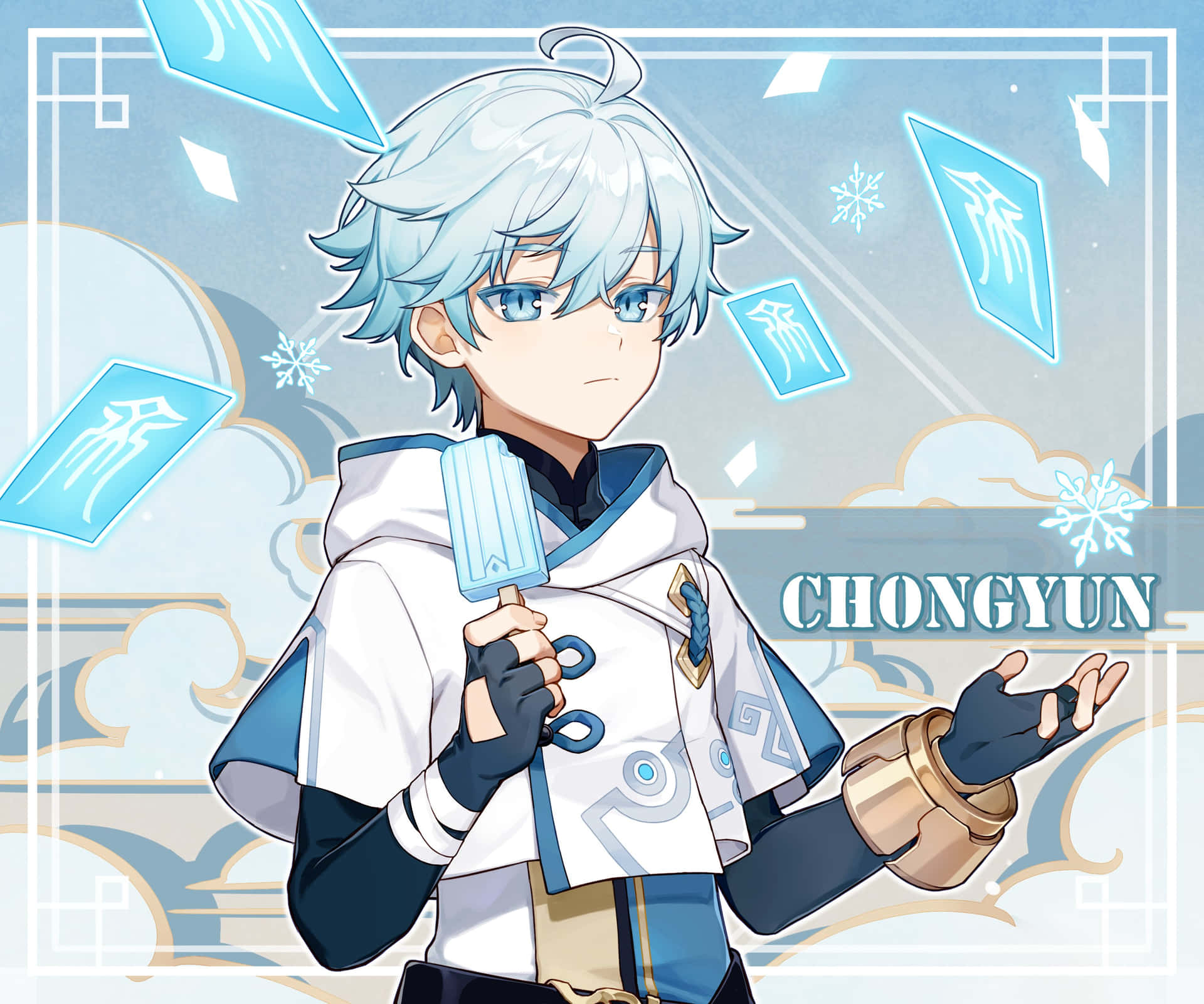 A Character With Blue Hair And Blue Eyes Holding A Blue Card Background