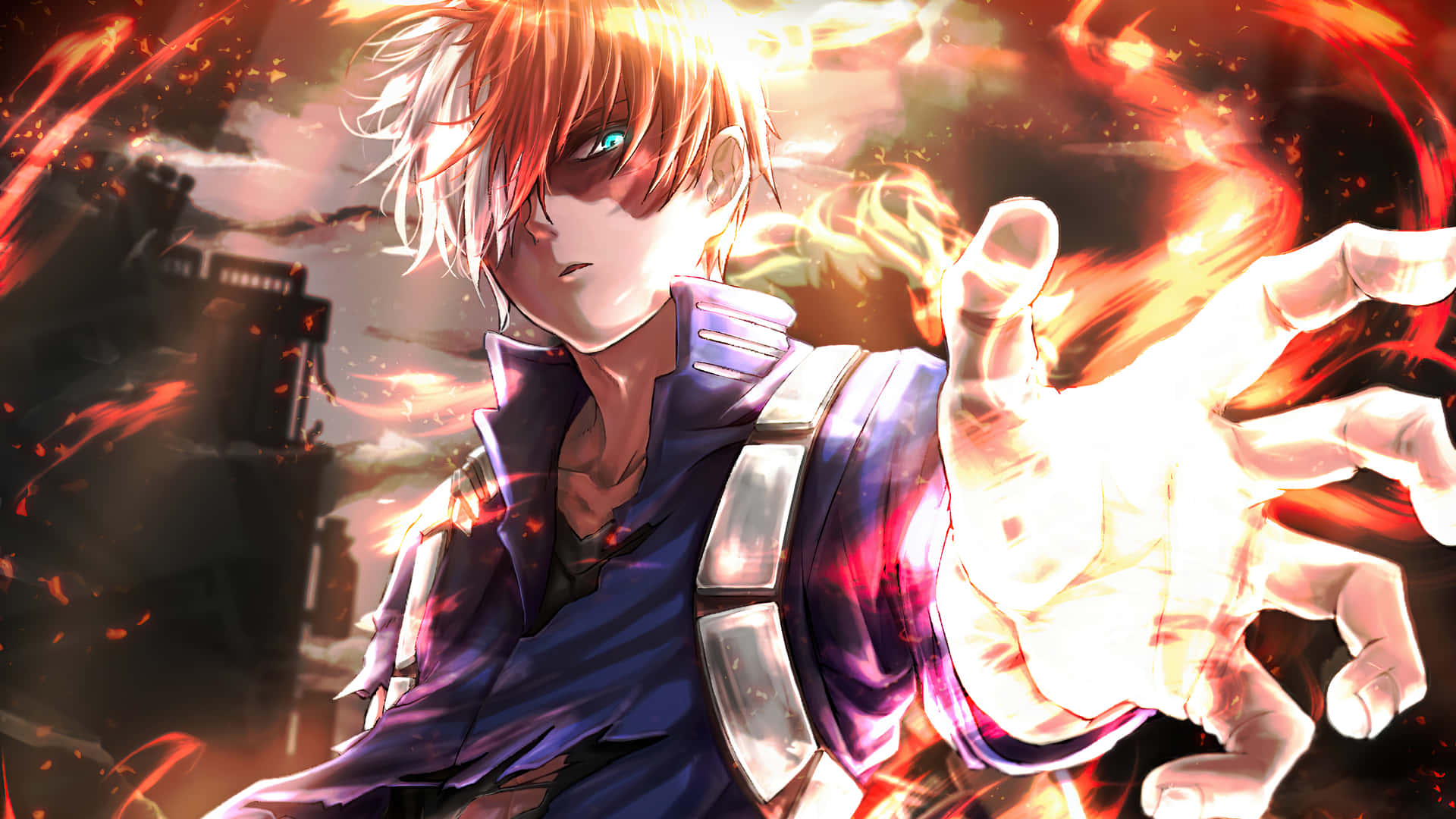 A Character With Blue Hair And Blue Eyes Is Holding A Fire Background