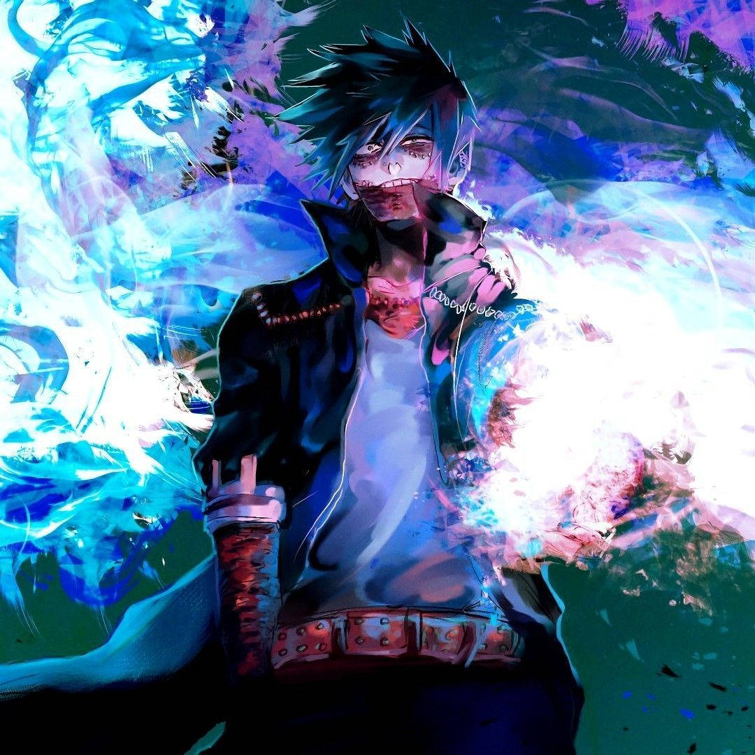 A Character With Blue Hair And Blue Flames Background