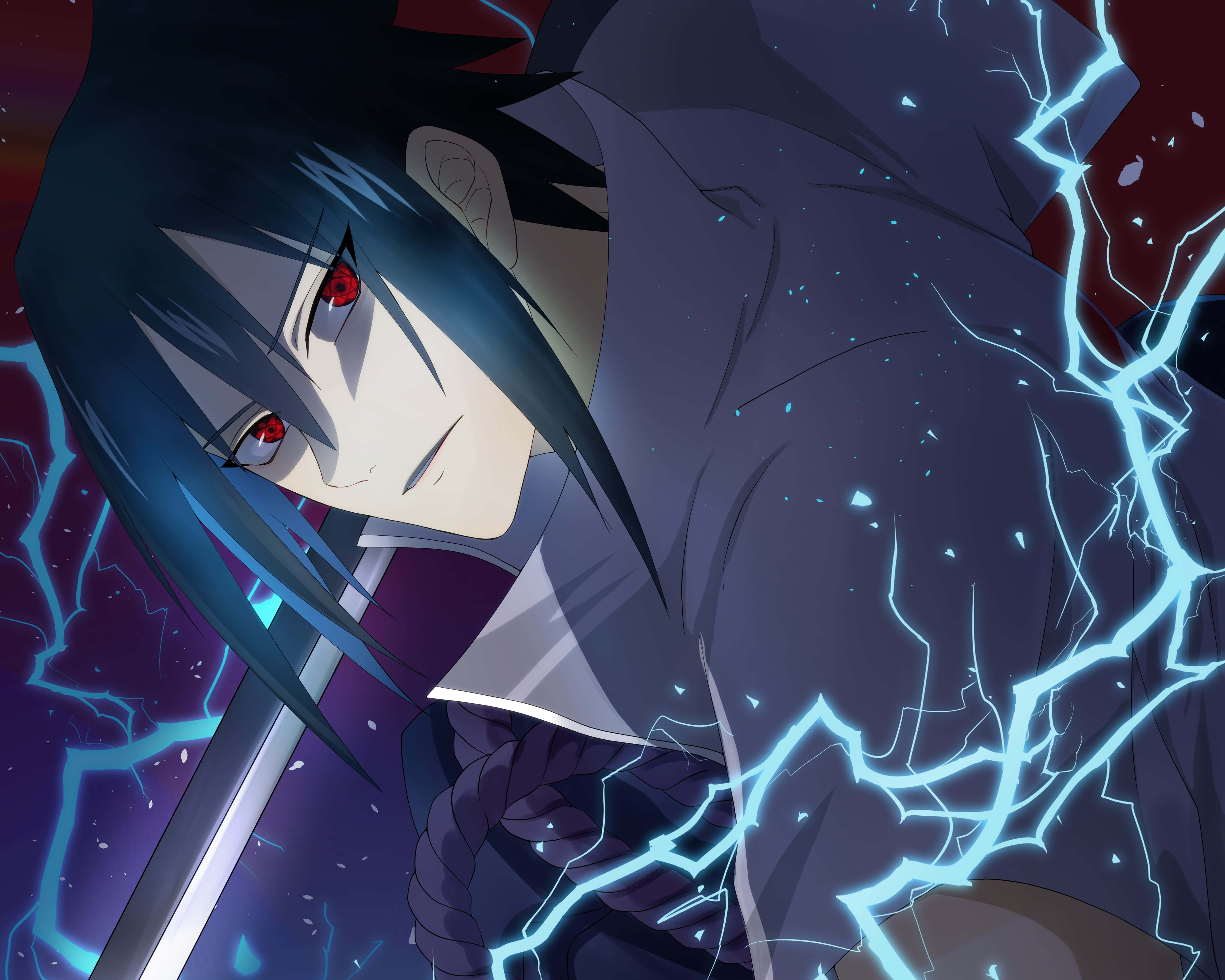 A Character With Blue Hair And Lightning Background