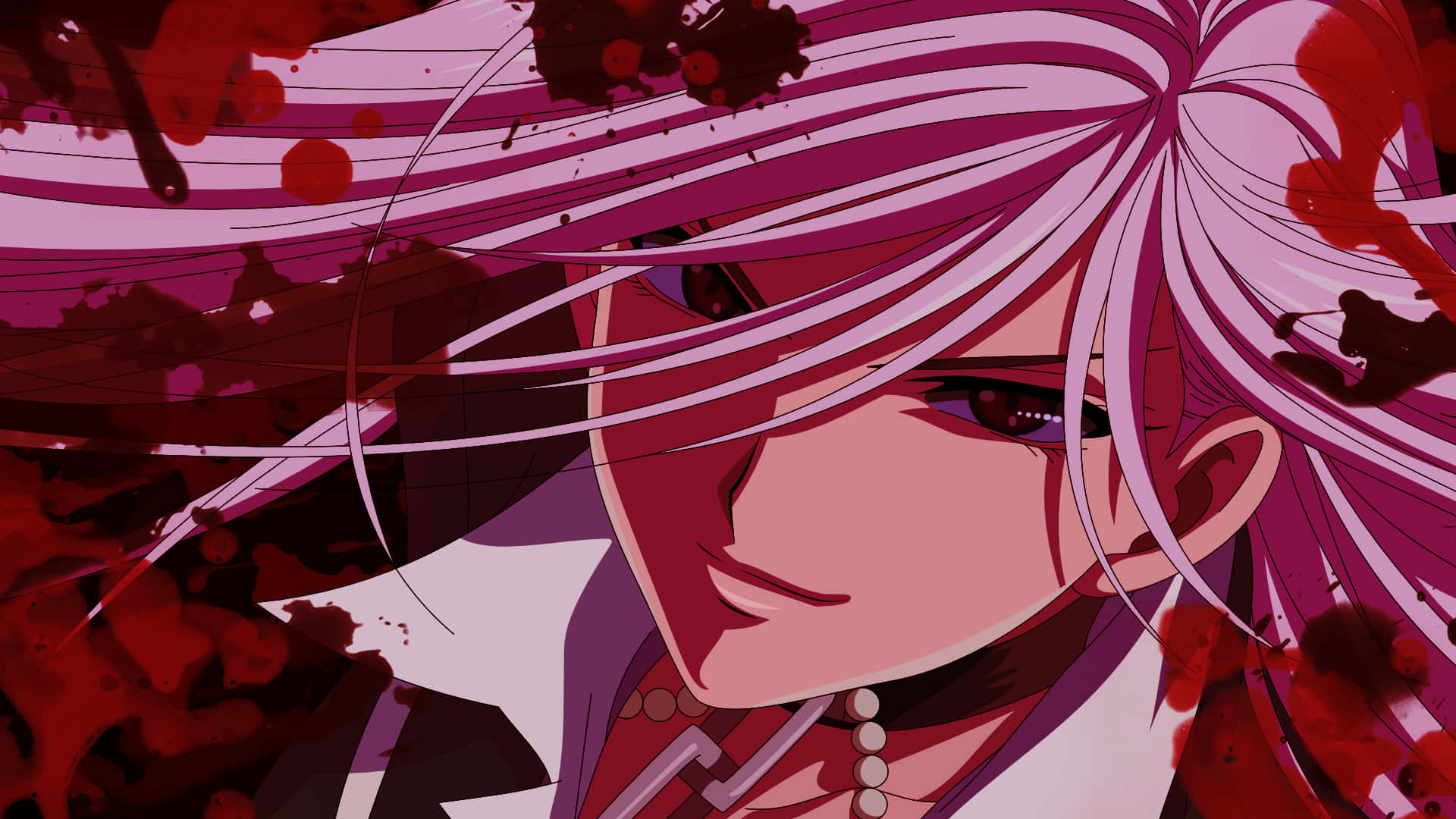 A Character With Long Hair And Blood On His Face Background