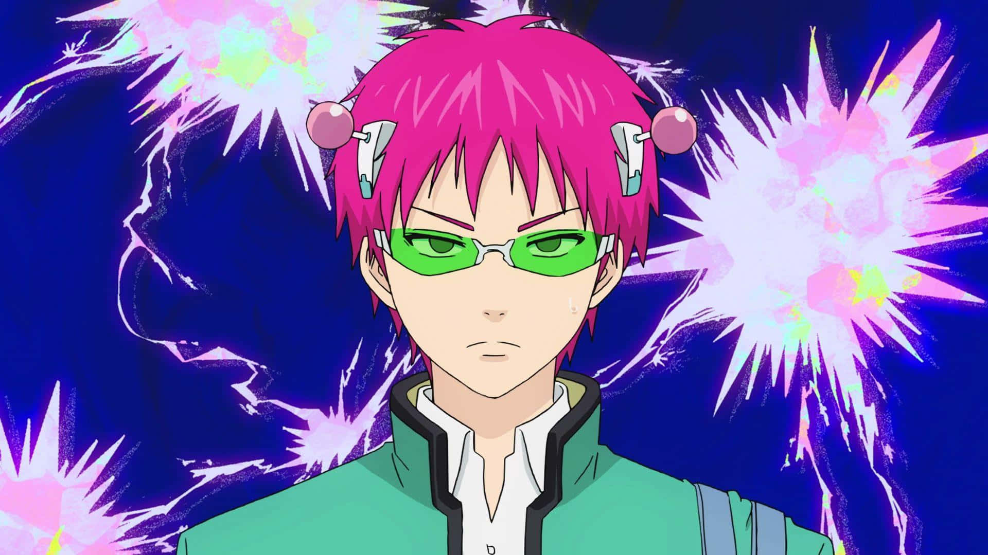 A Character With Pink Hair And Green Eyes Background
