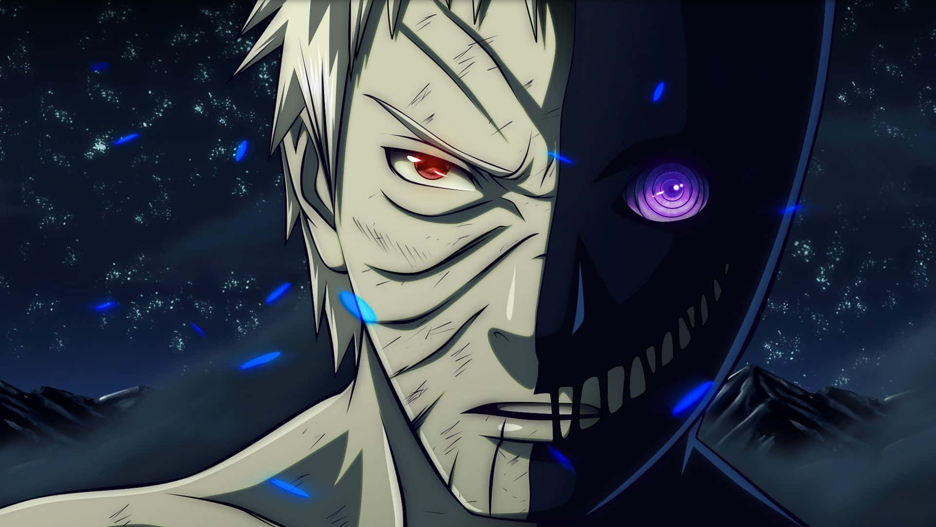 A Character With Purple Eyes And A Blue Face Background