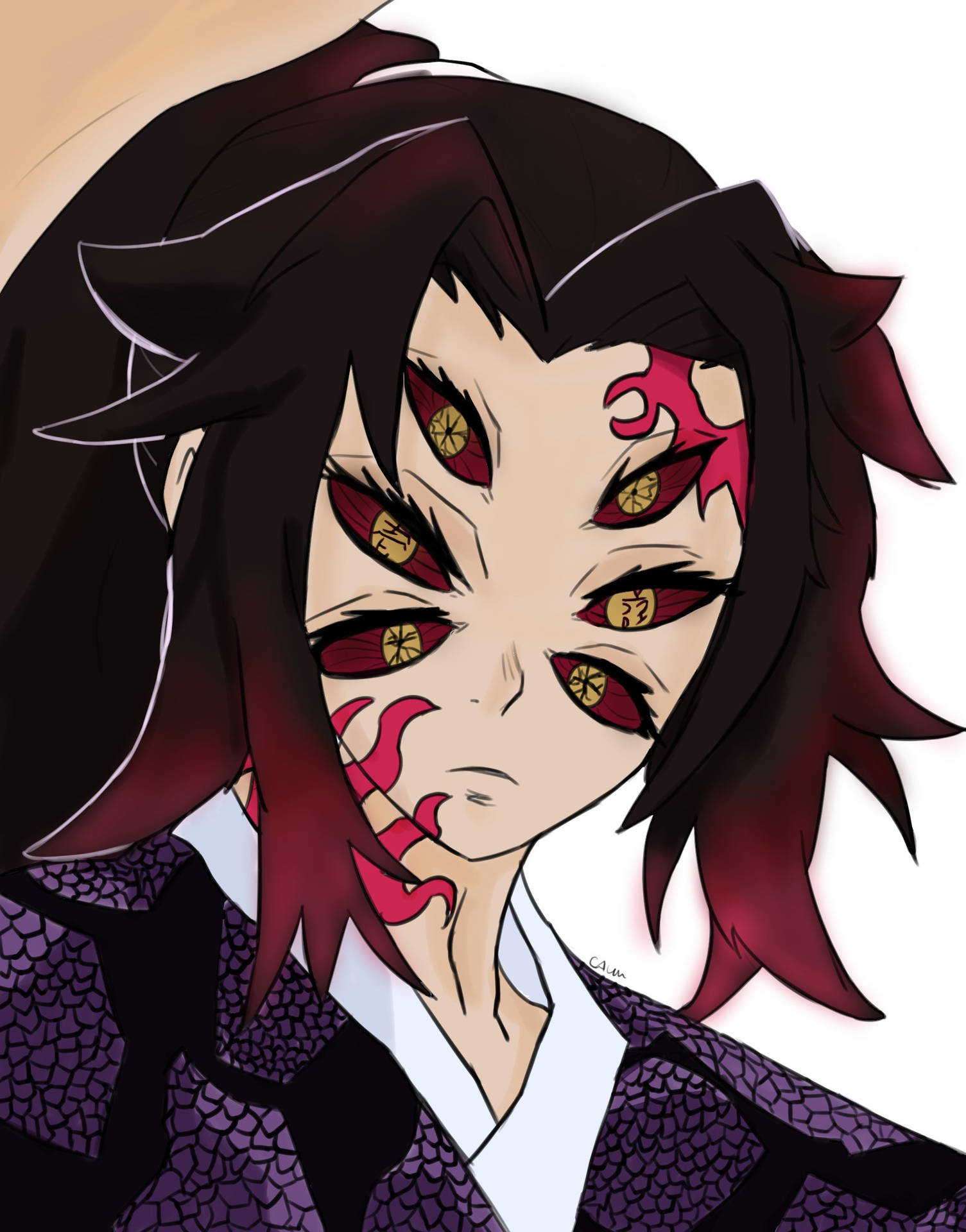 A Character With Red Eyes And Black Hair Background