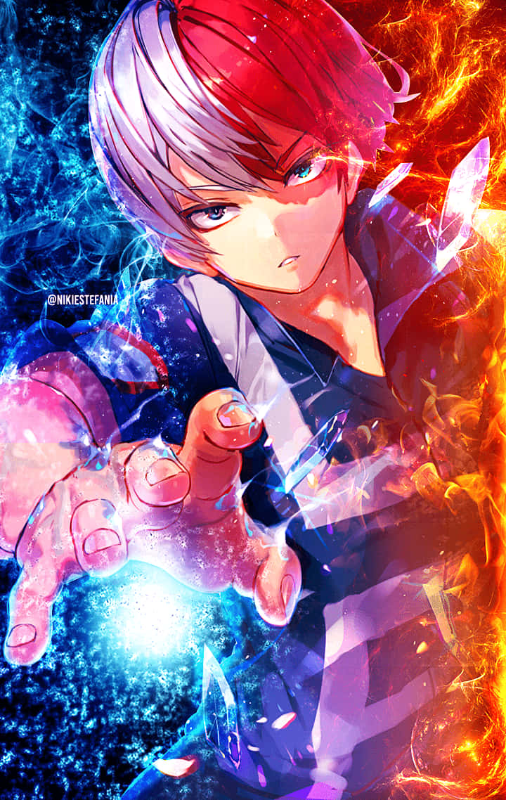 A Character With Red Hair And Blue Hair Holding A Fire Background