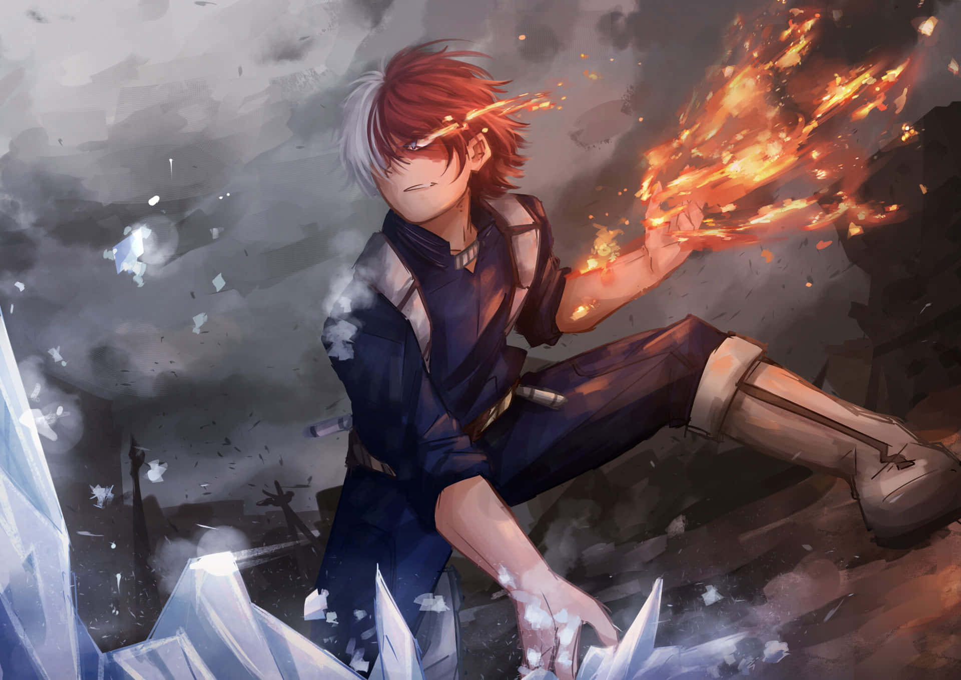 A Character With Red Hair And White Hair Is Holding A Fire Background