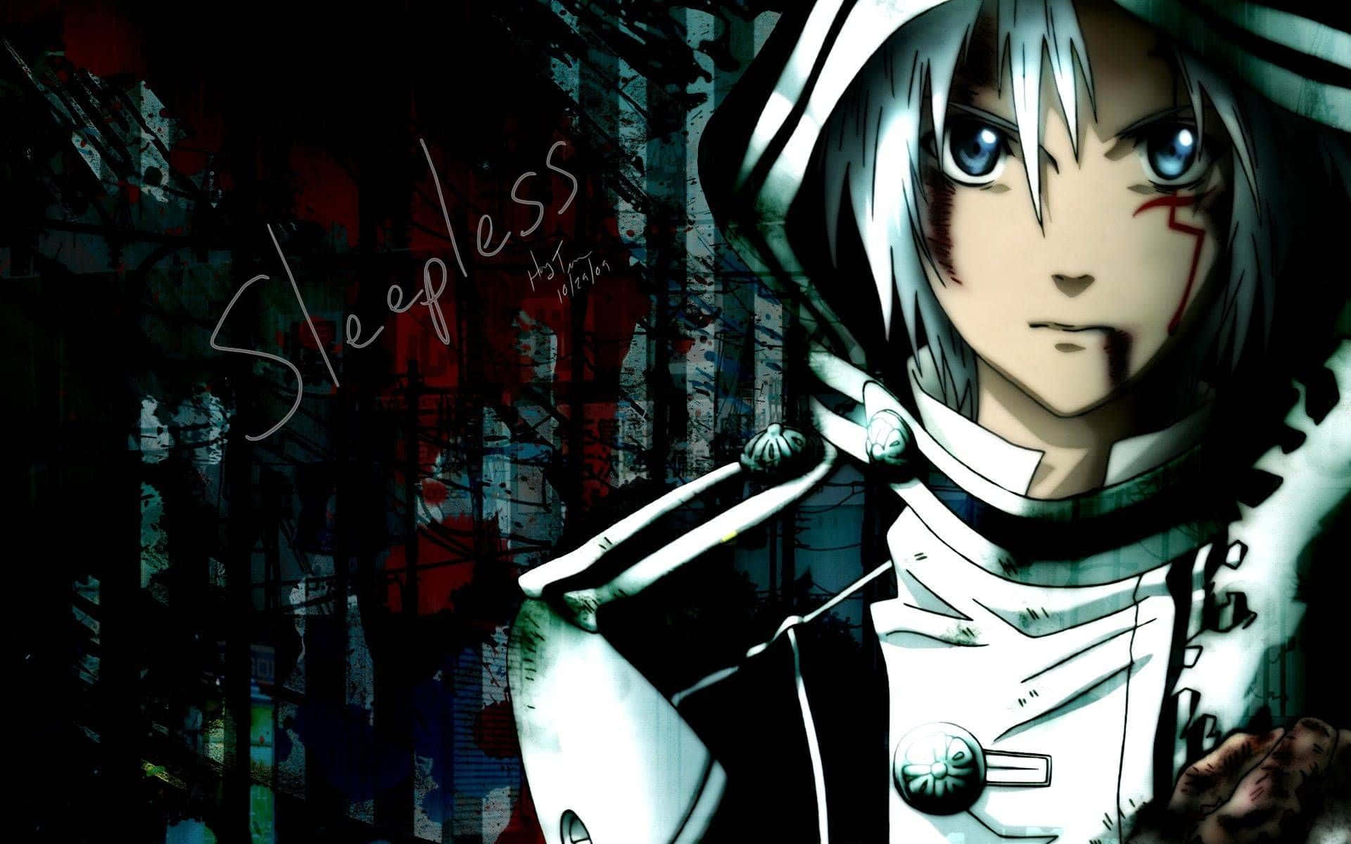 A Character With White Hair And A Black Hood Background
