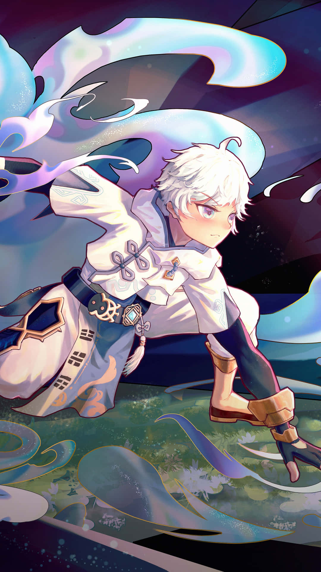 A Character With White Hair And A Sword Background