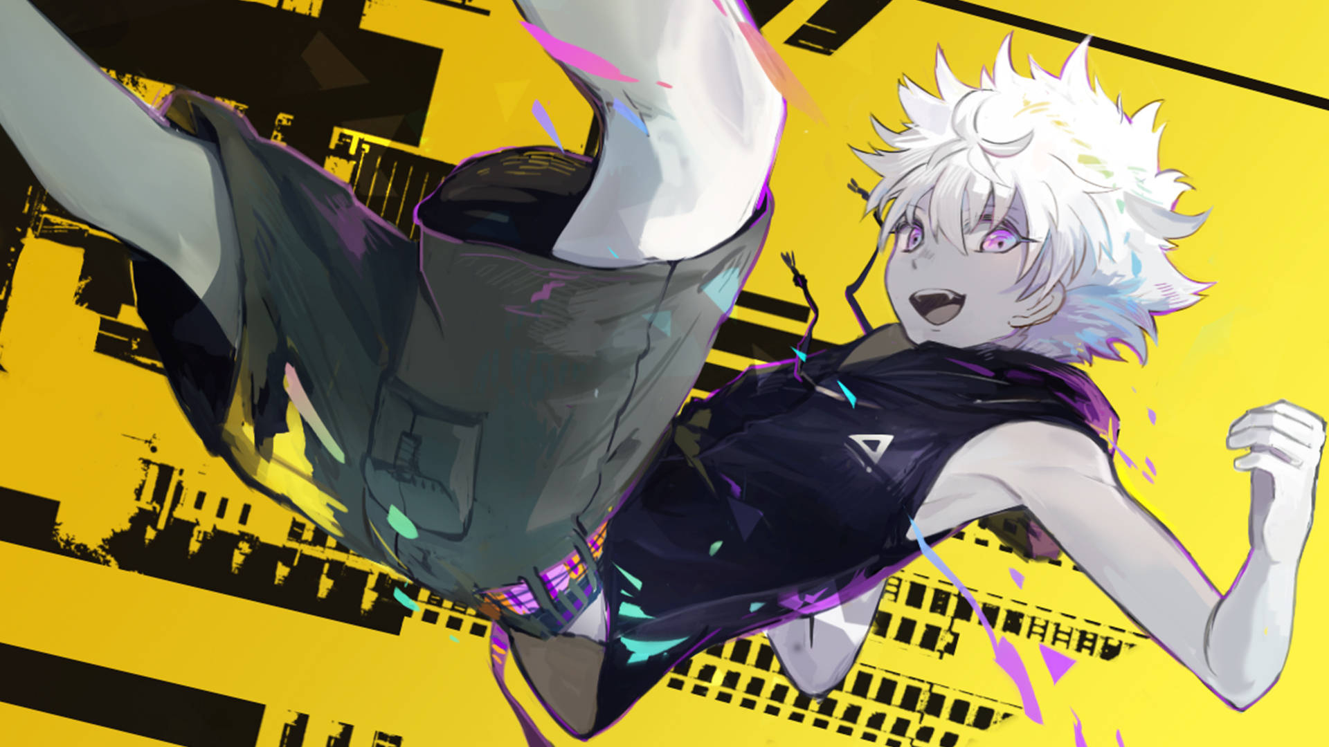 A Character With White Hair And Black Pants Is Flying Background