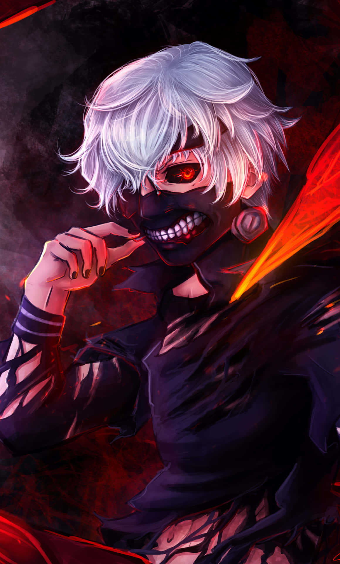 A Character With White Hair And Red Eyes Background