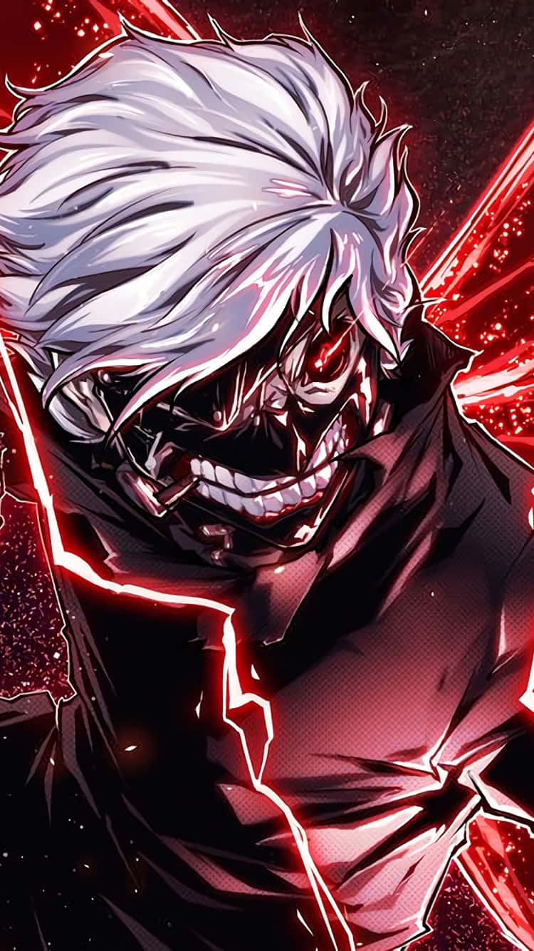 A Character With White Hair And Red Lights Background