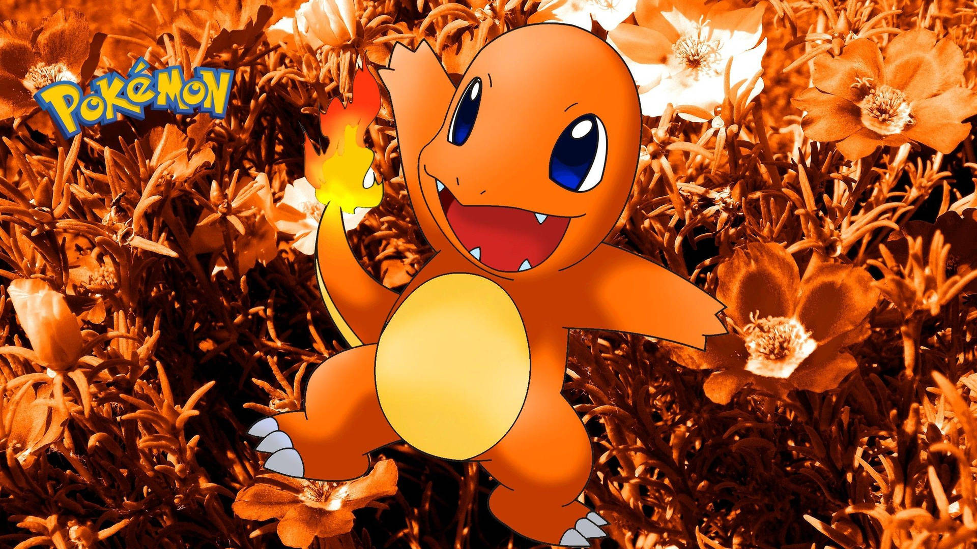 A Charmander Happy Among The Spring Flowers Background