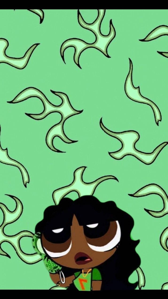 A Cheerful Black Girl Cartoon Lifts Her Arm In Celebration Background