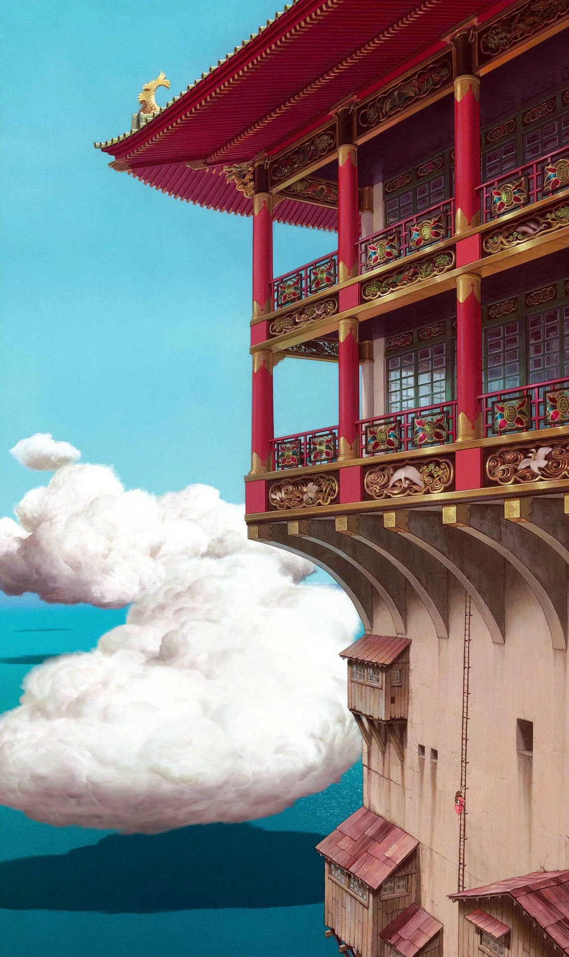 A Chinese Building With A Red Roof And Clouds Background