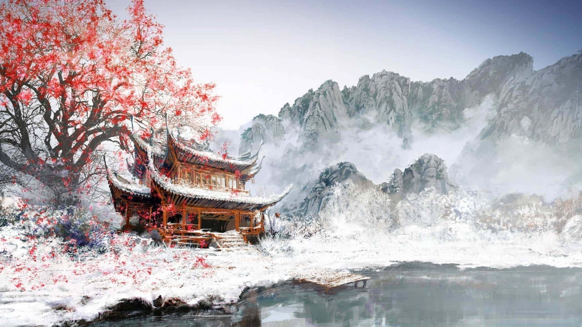 A Chinese House In The Snow With Trees And Mountains Background
