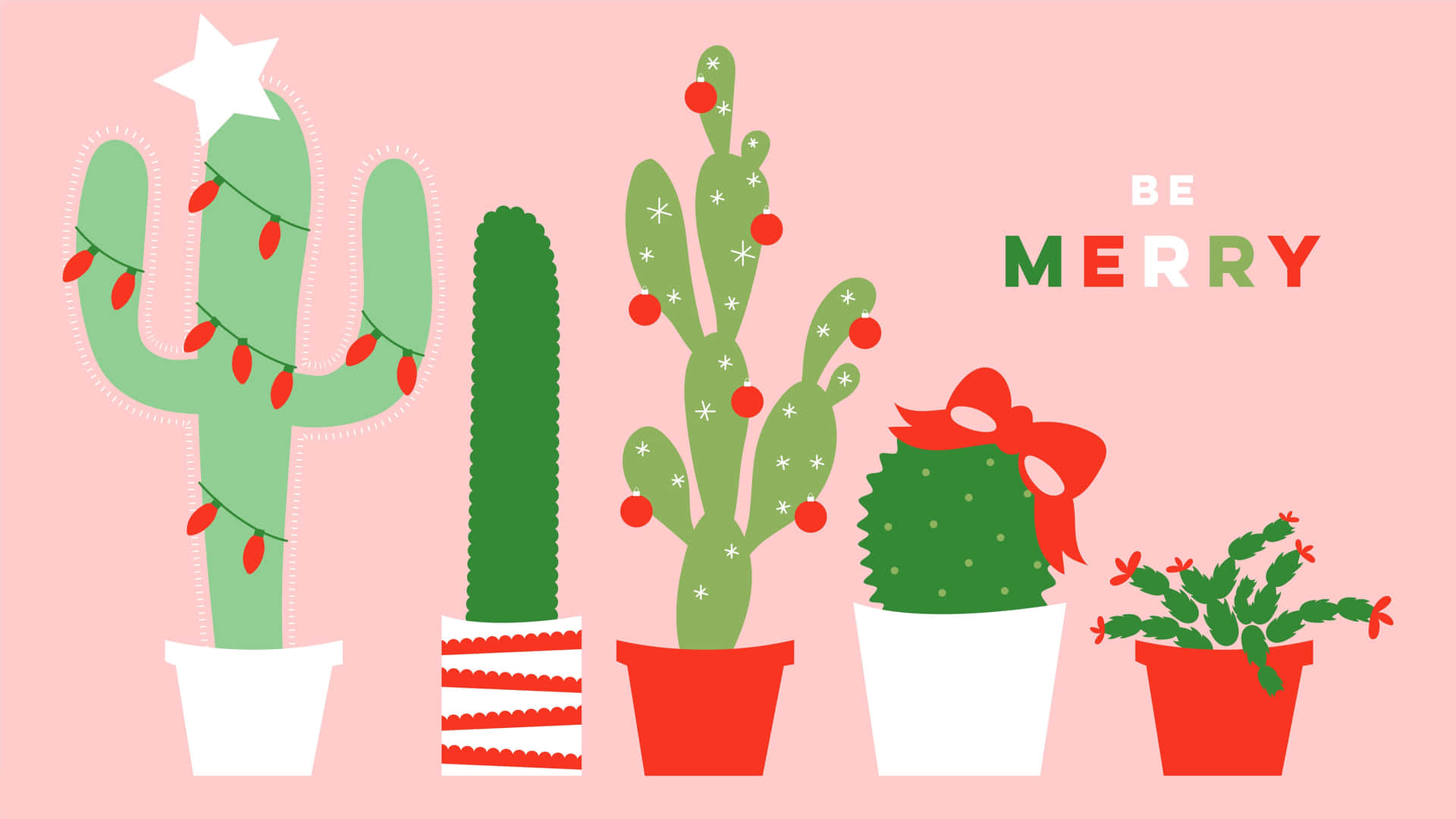 A Christmas Card With Cactus Plants And Christmas Lights Background