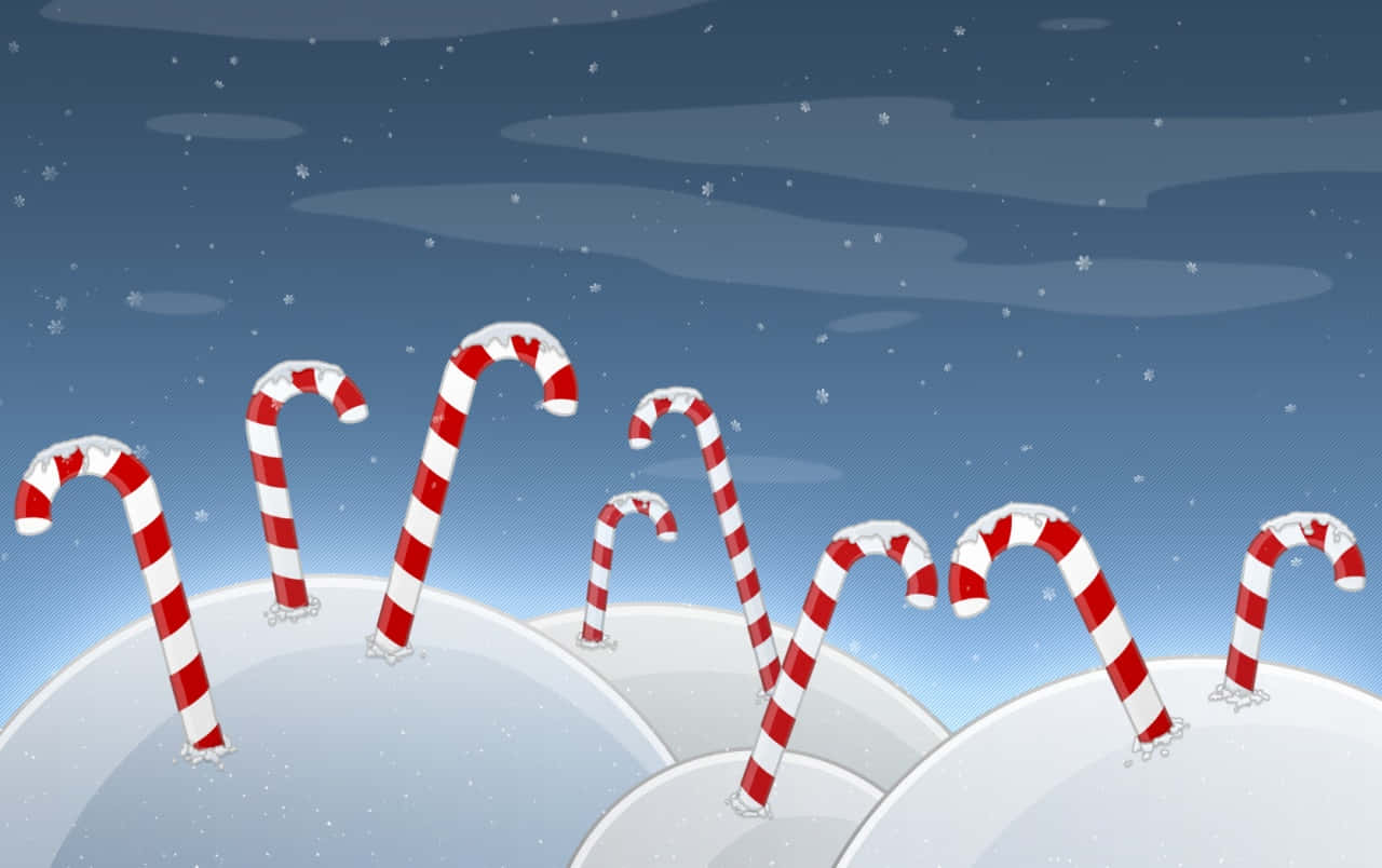 A Christmas Card With Candy Canes On A Snowy Background Background