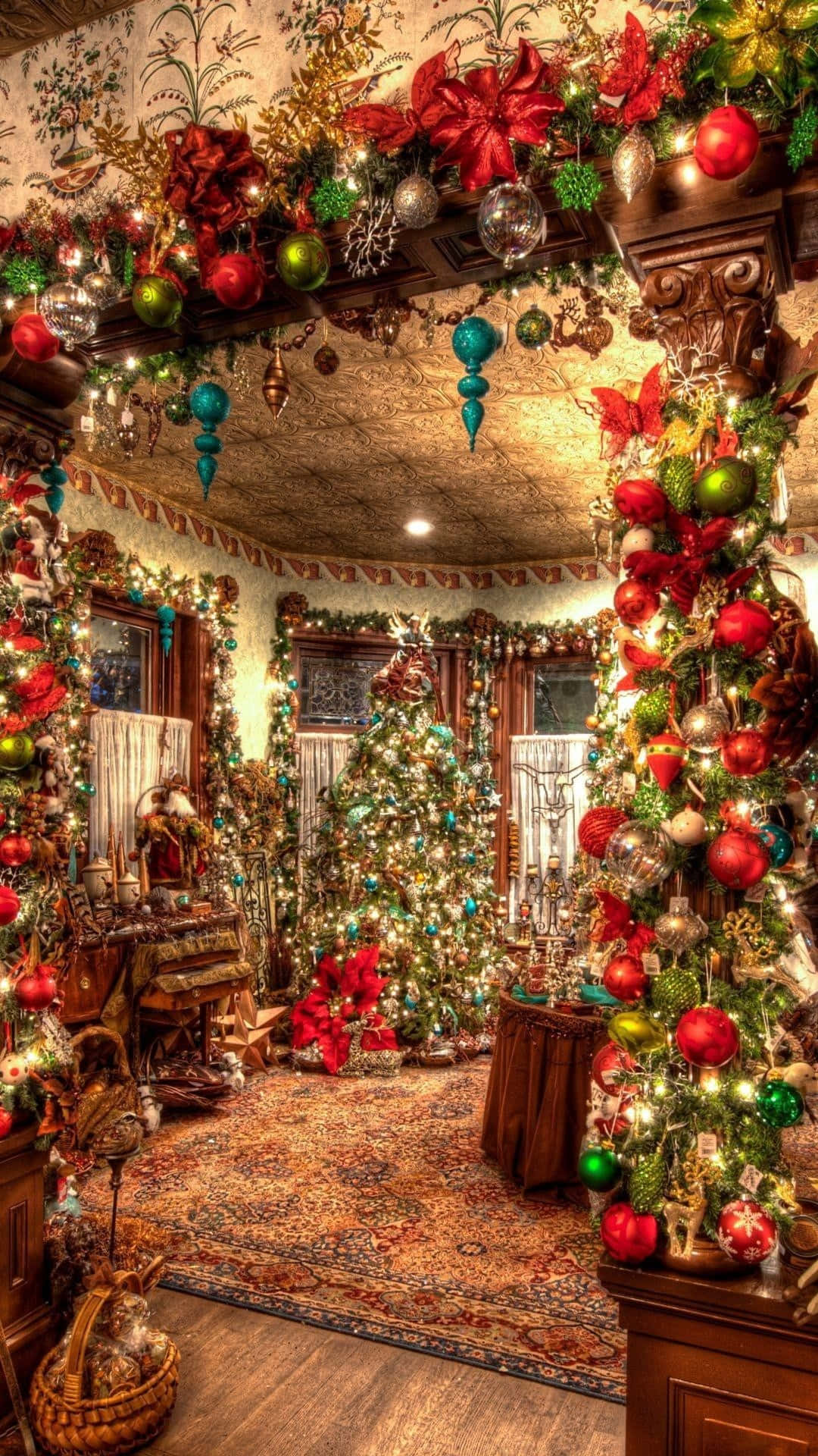 A Christmas Room Decorated With Ornaments And Decorations Background