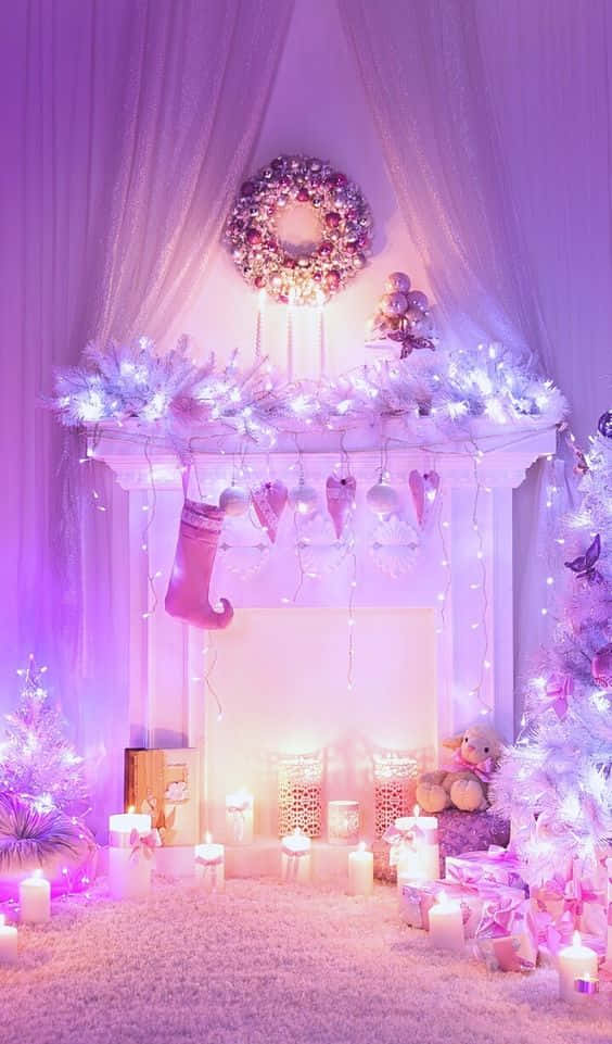 A Christmas Room With Candles And A Fireplace Background