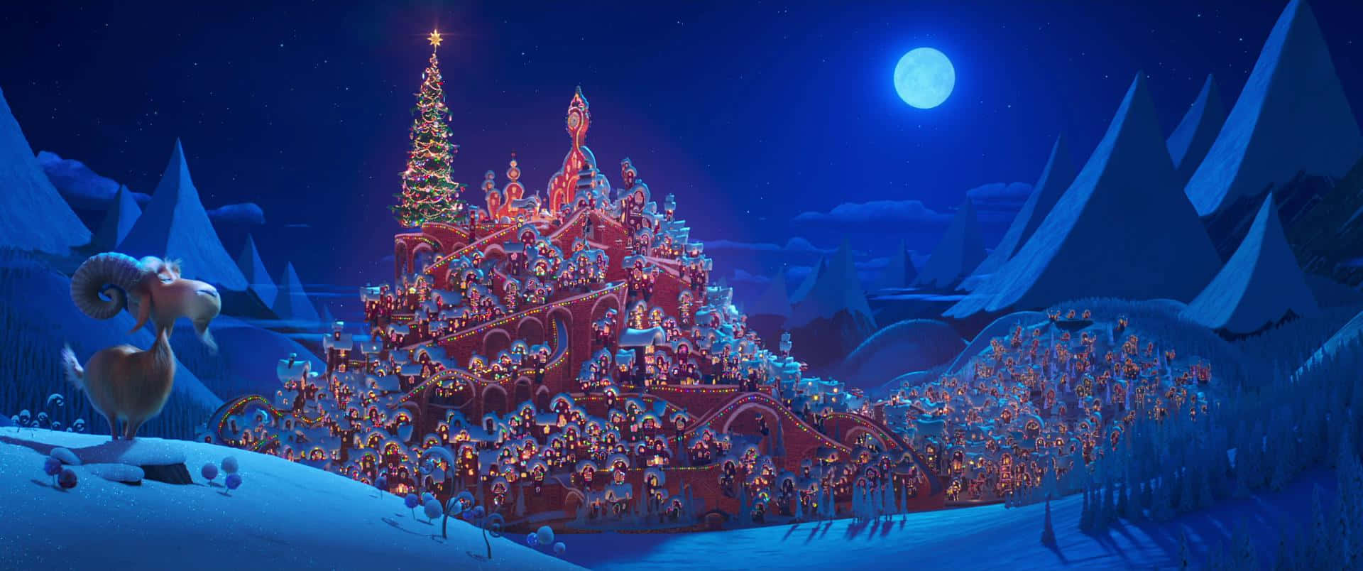A Christmas Scene With A Castle In The Snow Background