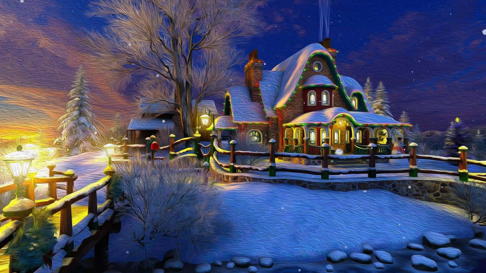 A Christmas Scene With A House And A Bridge Background