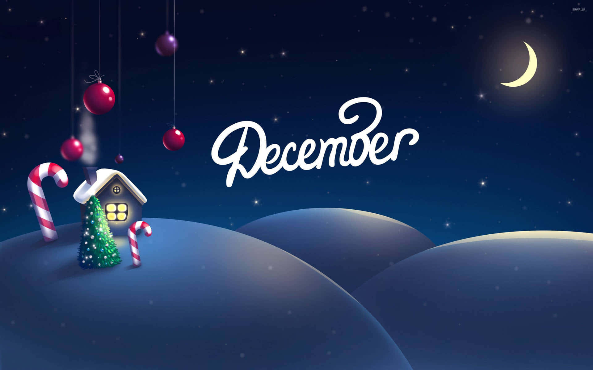 A Christmas Scene With A House And Candy Canes Background