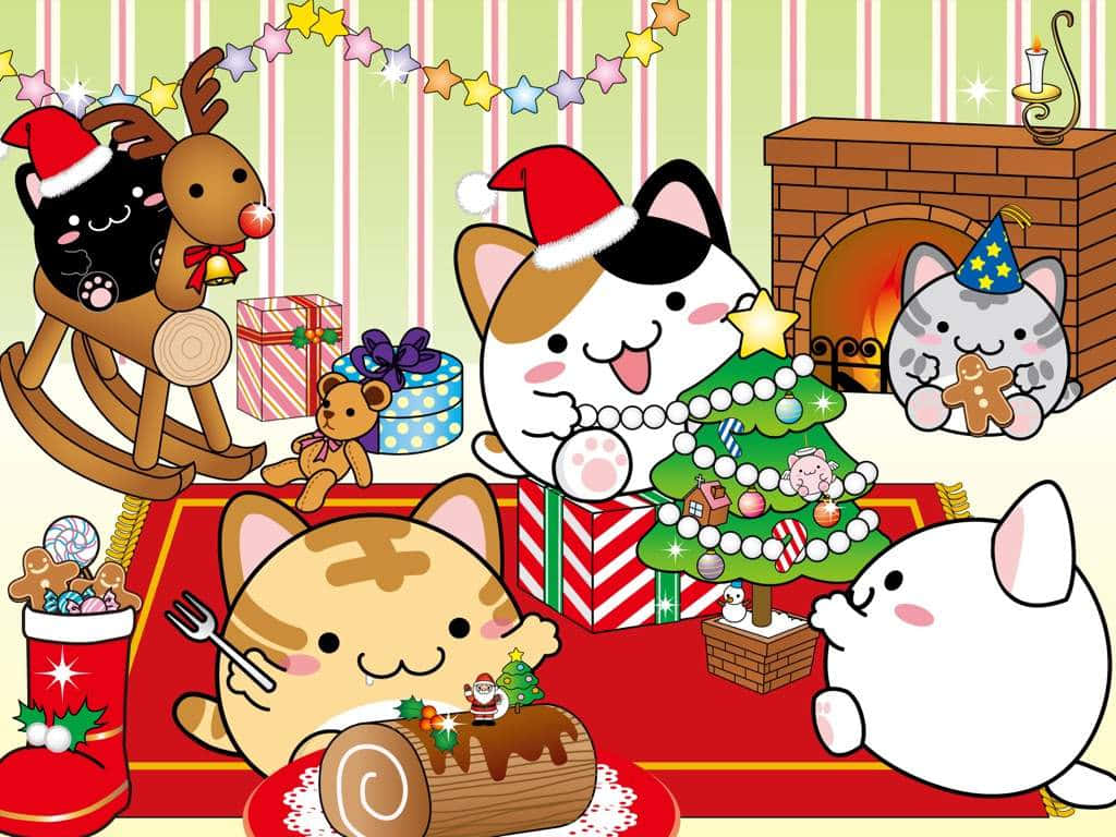 A Christmas Scene With Cats And Presents Background