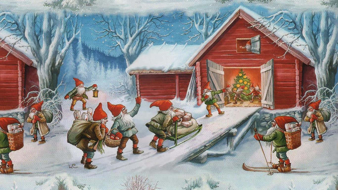 A Christmas Scene With Gnomes And Santa Claus Background
