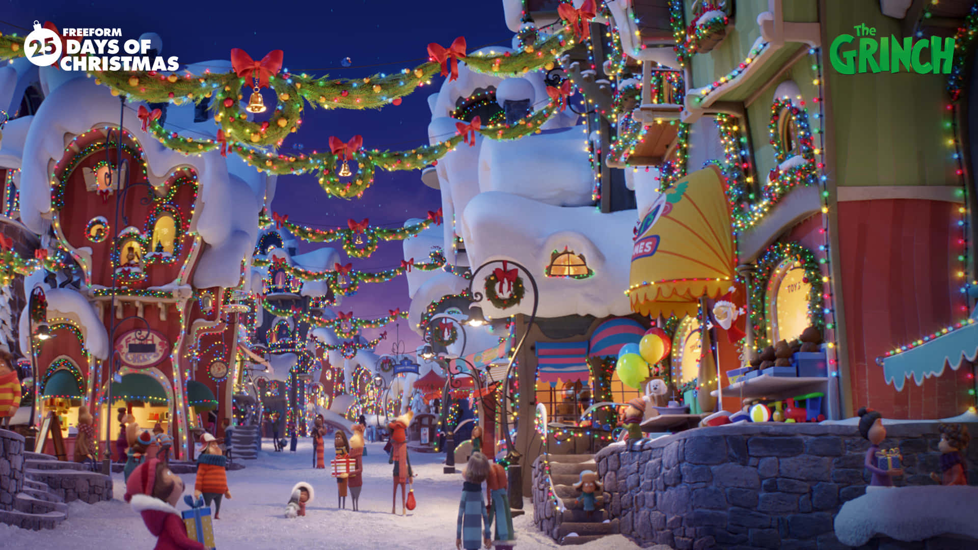 A Christmas Town With Many Decorations And Lights Background