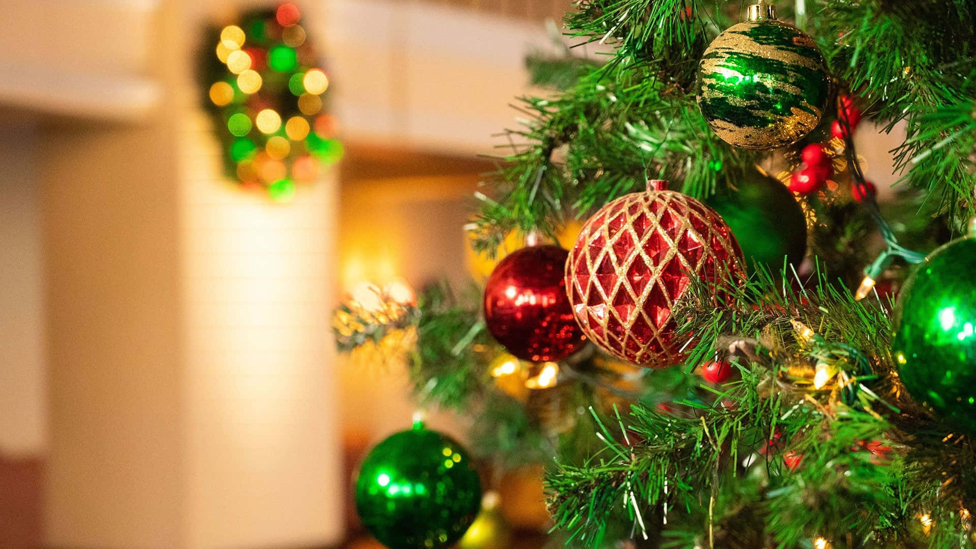 A Christmas Tree Decorated With Ornaments And Lights Background