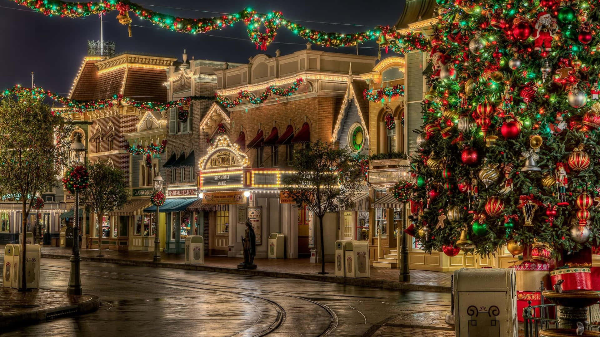 A Christmas Tree Is Decorated In A Street Background