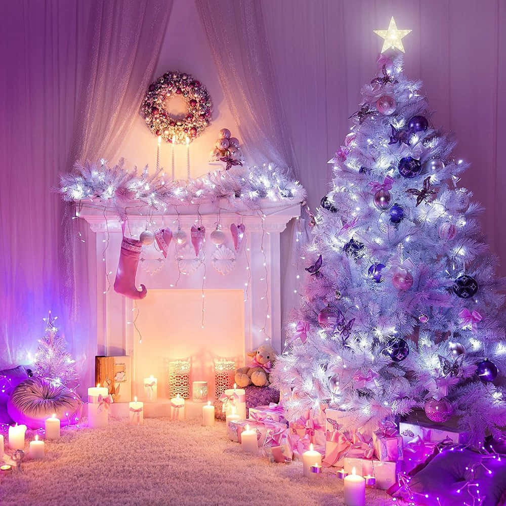A Christmas Tree With Candles And Lights In A Room Background
