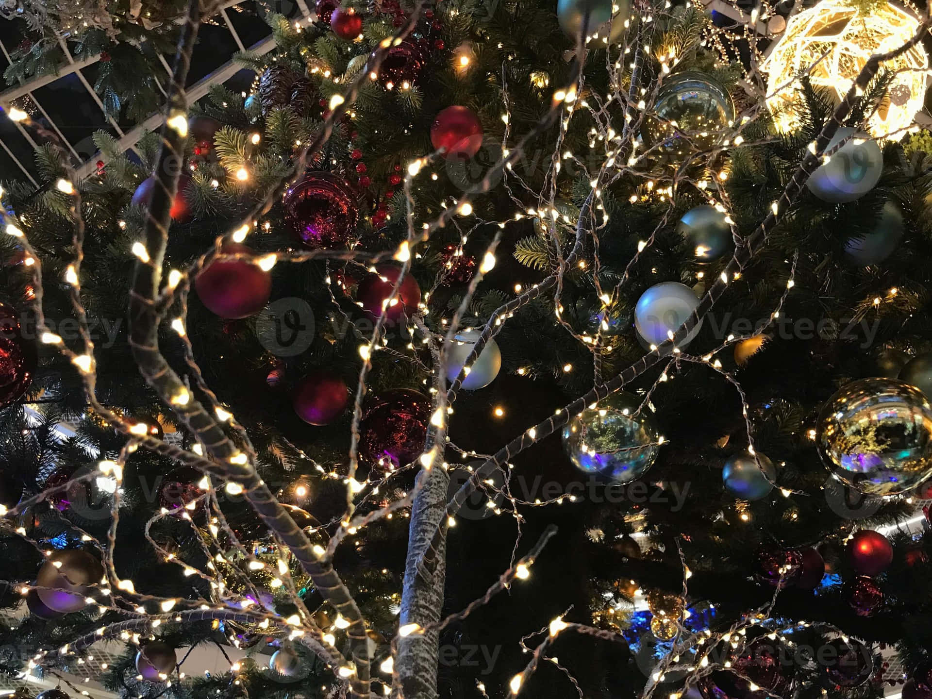 A Christmas Tree With Lights Background