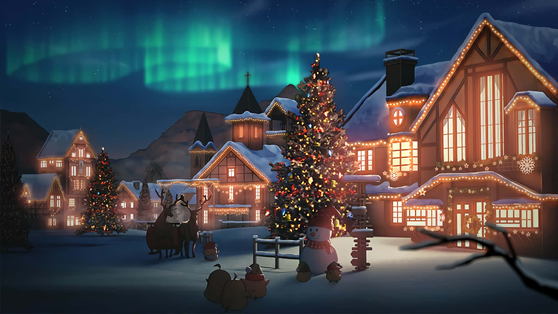 A Christmas Village With A Christmas Tree And Lights Background