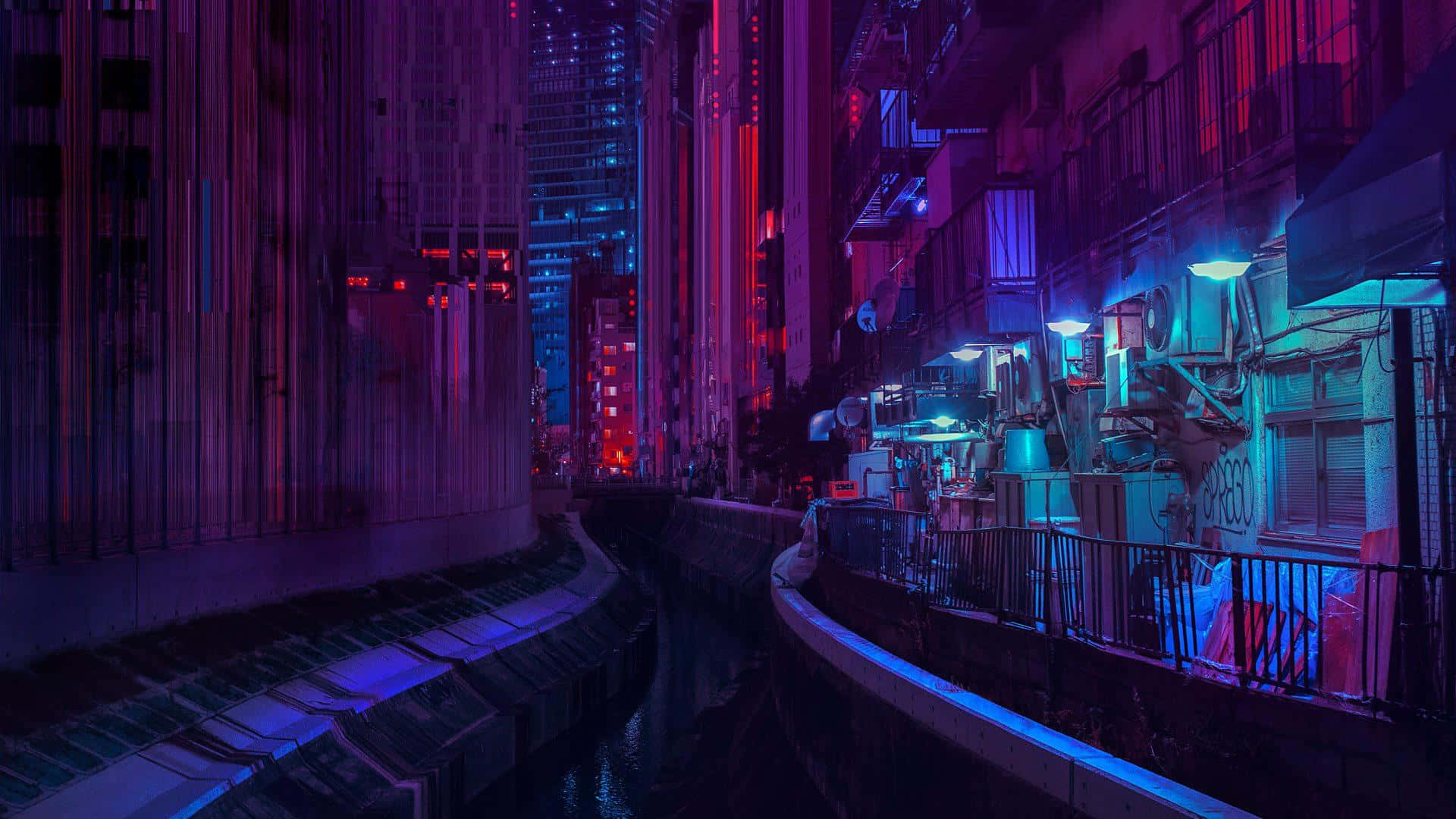 A City At Night With Neon Lights And Buildings Background