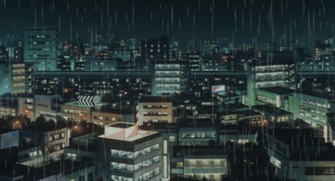 A City At Night With Rain Falling On It Background